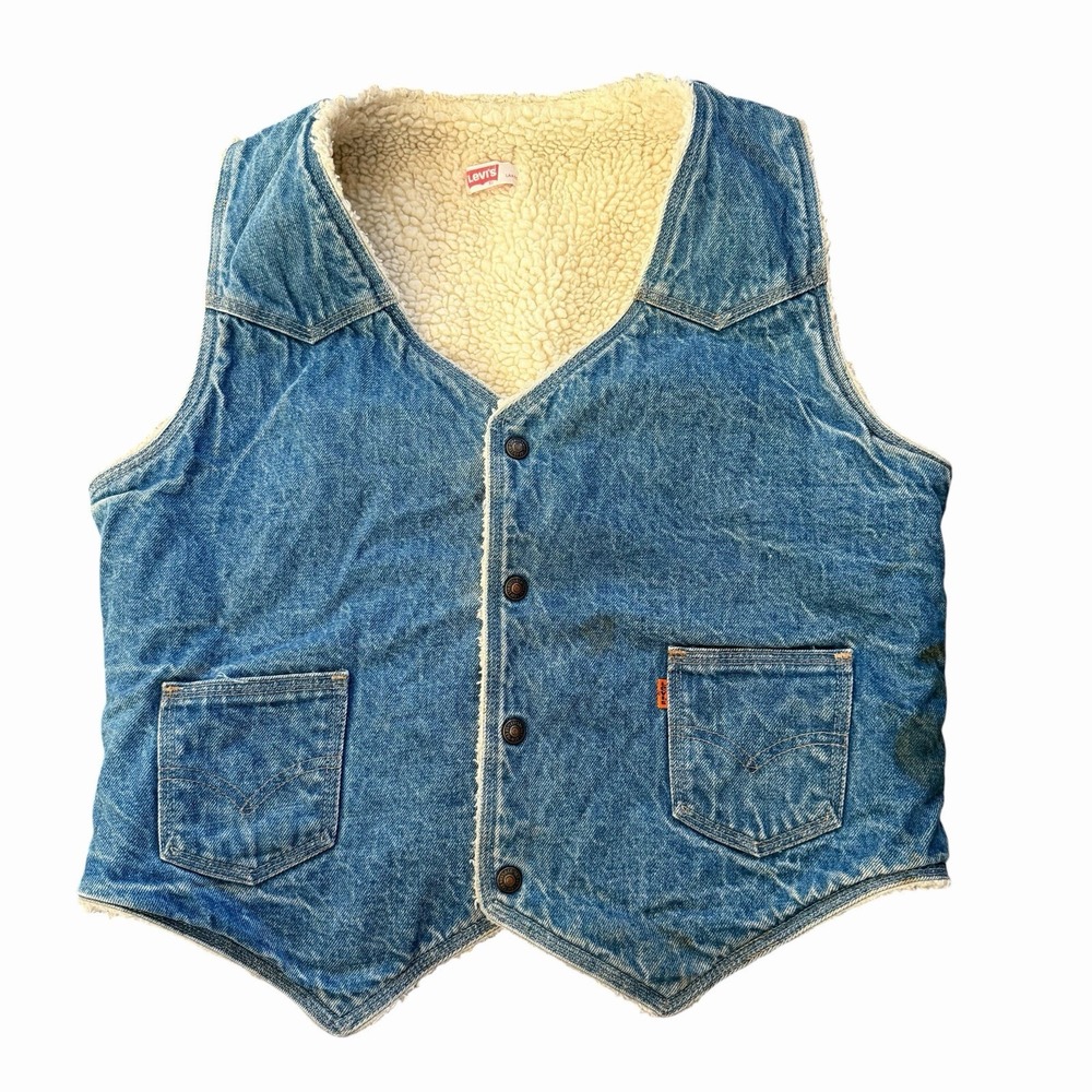 Vintage Levi's 1970s L Orange‎ Tab Sherpa Denim Snap Vest Barn Coat Cowboy  Work